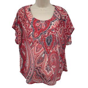 Style & Co Womens Red Chiffon Paisley Print Short Sleeve Blouse Size M
